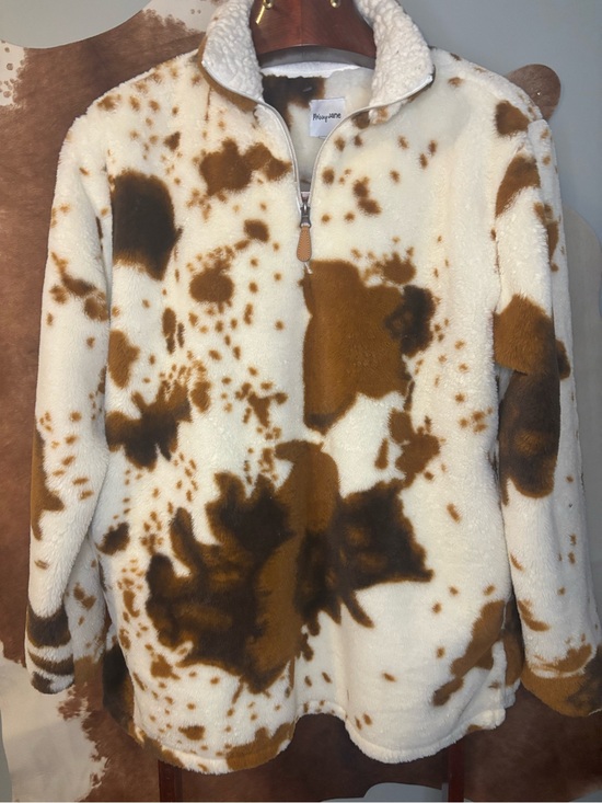 Missy Jane Sweaters - Missy Jane Cow Print Sherpa Pullover | Women’s XL Western Fleece Quarter Zip